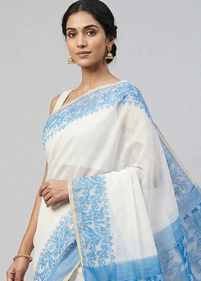 Blue Jamdani Cotton Saree Without Blouse Piece - Image 2