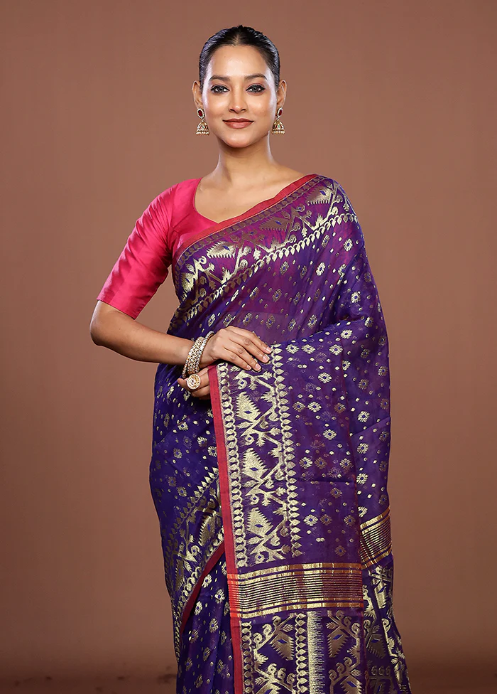 Blue Jamdani Cotton Saree Without Blouse Piece