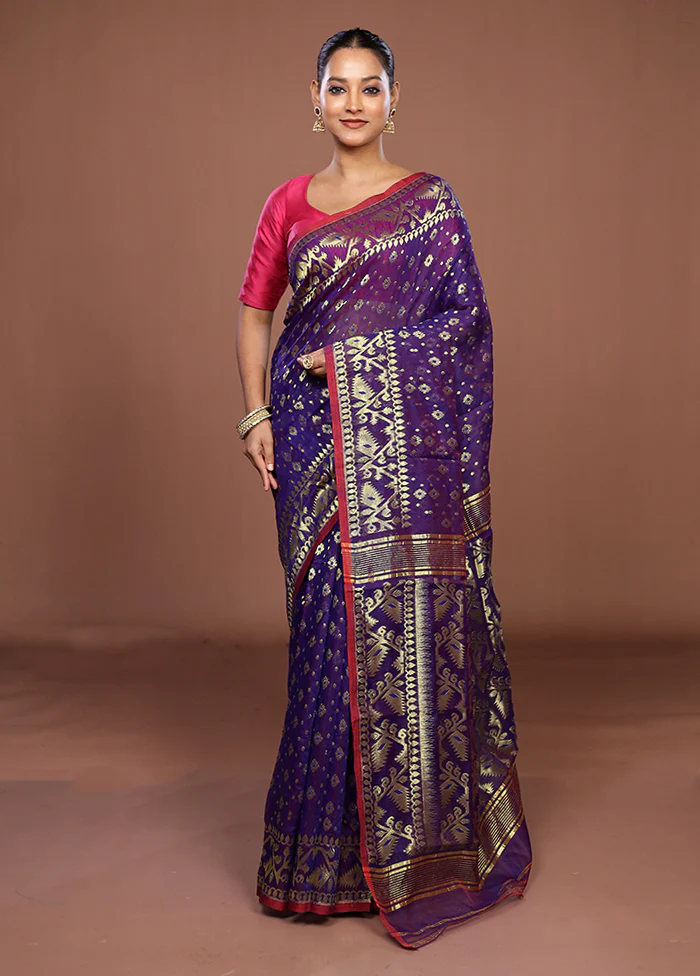 Blue Jamdani Cotton Saree Without Blouse Piece - Image 2
