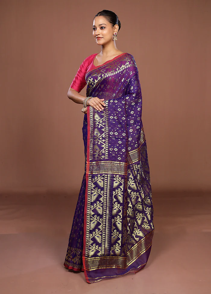 Blue Jamdani Cotton Saree Without Blouse Piece - Image 4
