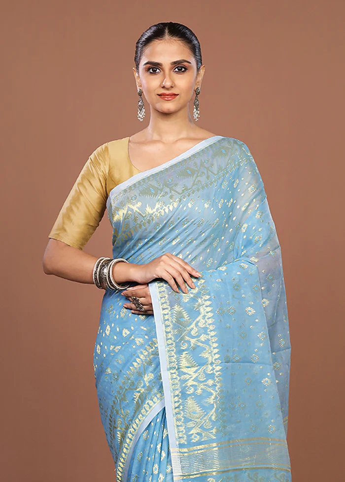 Blue Jamdani Cotton Saree Without Blouse Piece