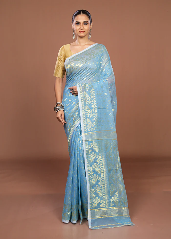 Blue Jamdani Cotton Saree Without Blouse Piece - Image 2