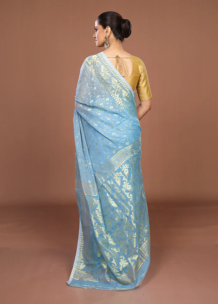 Blue Jamdani Cotton Saree Without Blouse Piece - Image 3