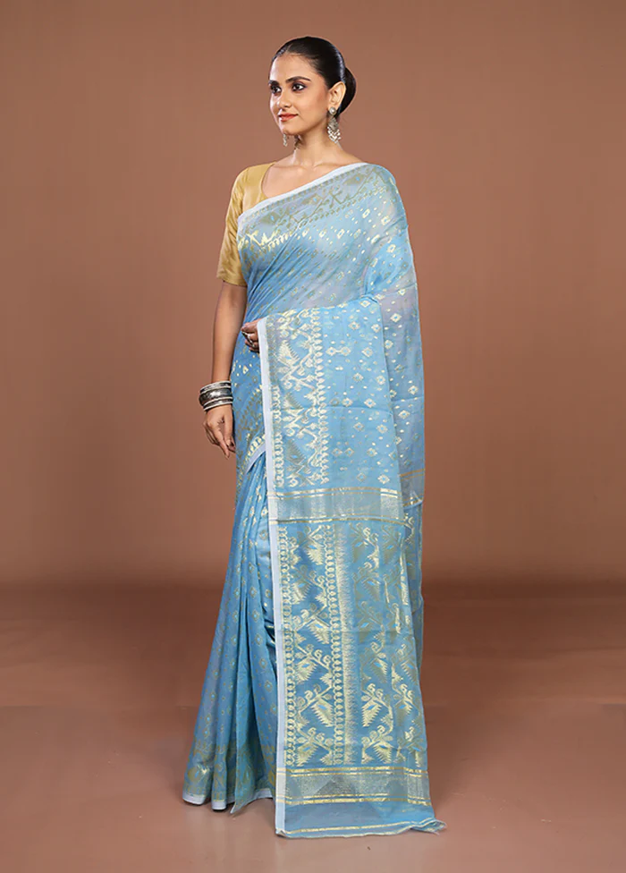 Blue Jamdani Cotton Saree Without Blouse Piece - Image 4