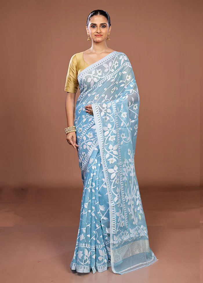 Blue Jamdani Cotton Saree Without Blouse Piece - Image 2