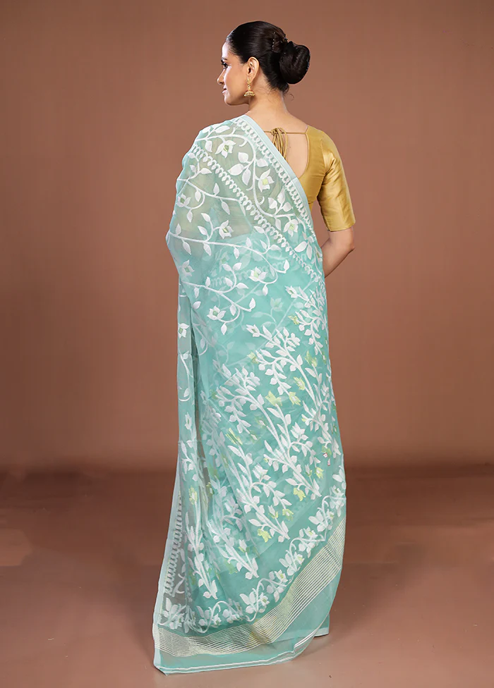 Blue Jamdani Cotton Saree Without Blouse Piece - Image 3