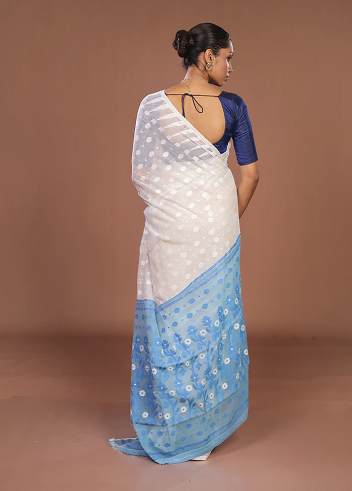 Blue Jamdani Cotton Saree Without Blouse Piece - Image 3