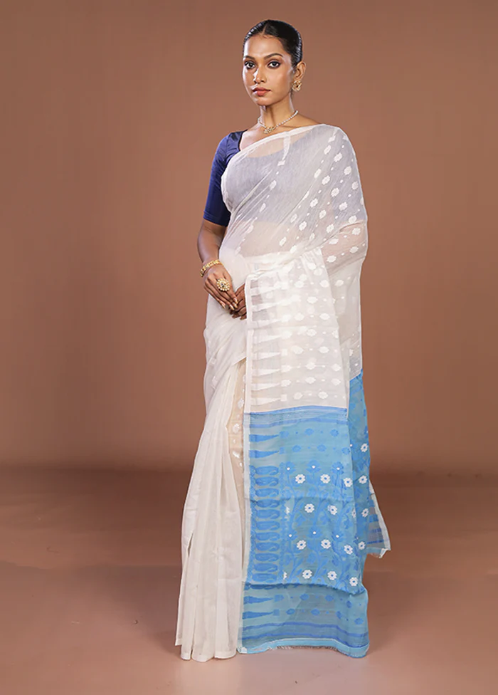 Blue Jamdani Cotton Saree Without Blouse Piece - Image 4