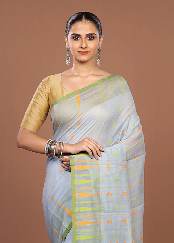 Blue Jamdani Cotton Saree Without Blouse Piece