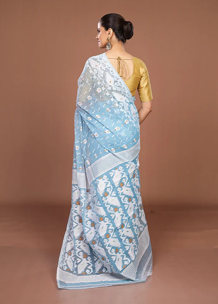 Blue Jamdani Cotton Saree Without Blouse Piece - Image 3