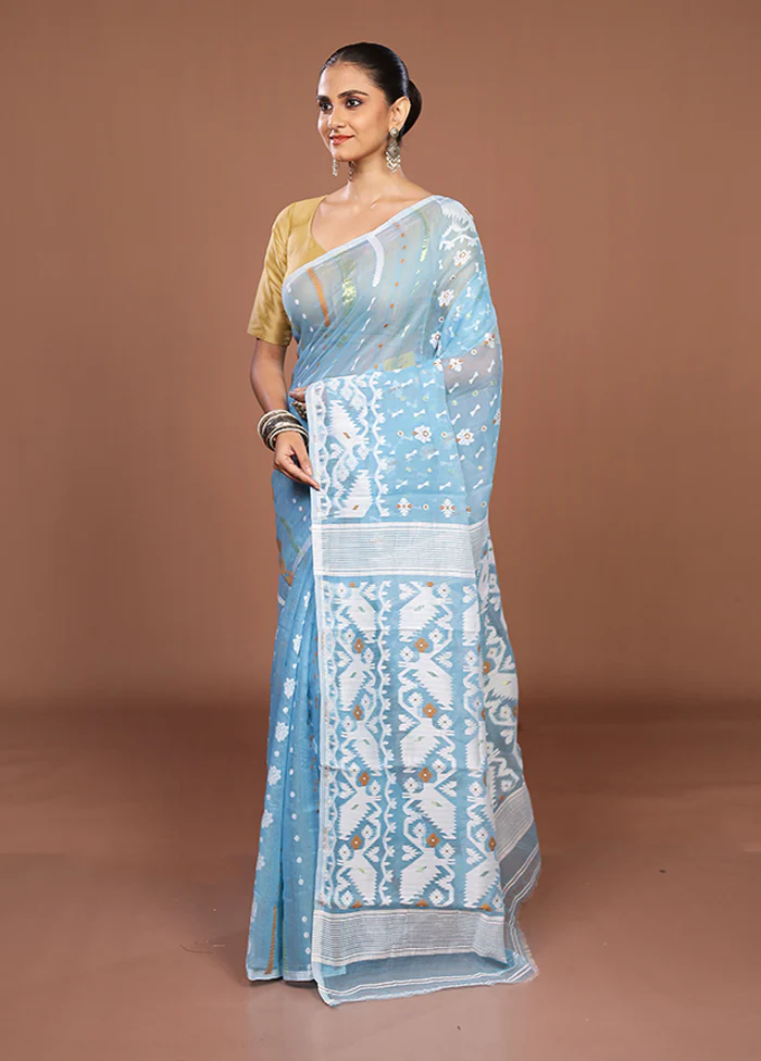 Blue Jamdani Cotton Saree Without Blouse Piece - Image 4