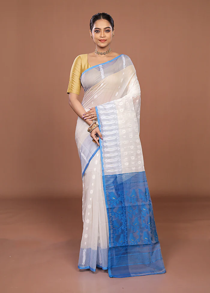 Blue Jamdani Cotton Saree Without Blouse Piece - Image 2