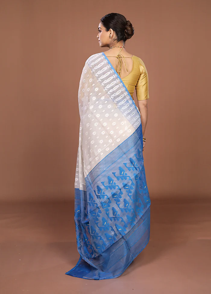 Blue Jamdani Cotton Saree Without Blouse Piece - Image 3