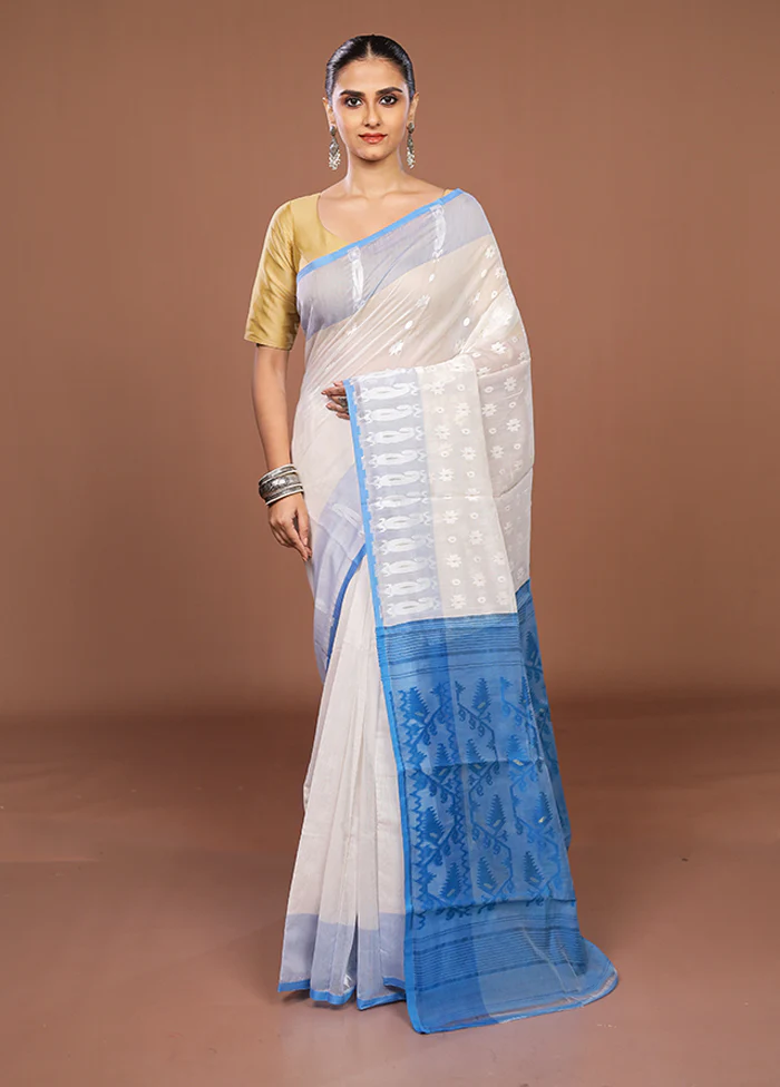 Blue Jamdani Cotton Saree Without Blouse Piece - Image 2