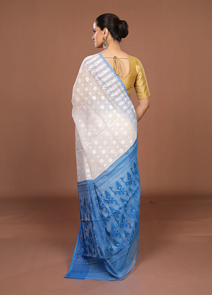 Blue Jamdani Cotton Saree Without Blouse Piece - Image 3
