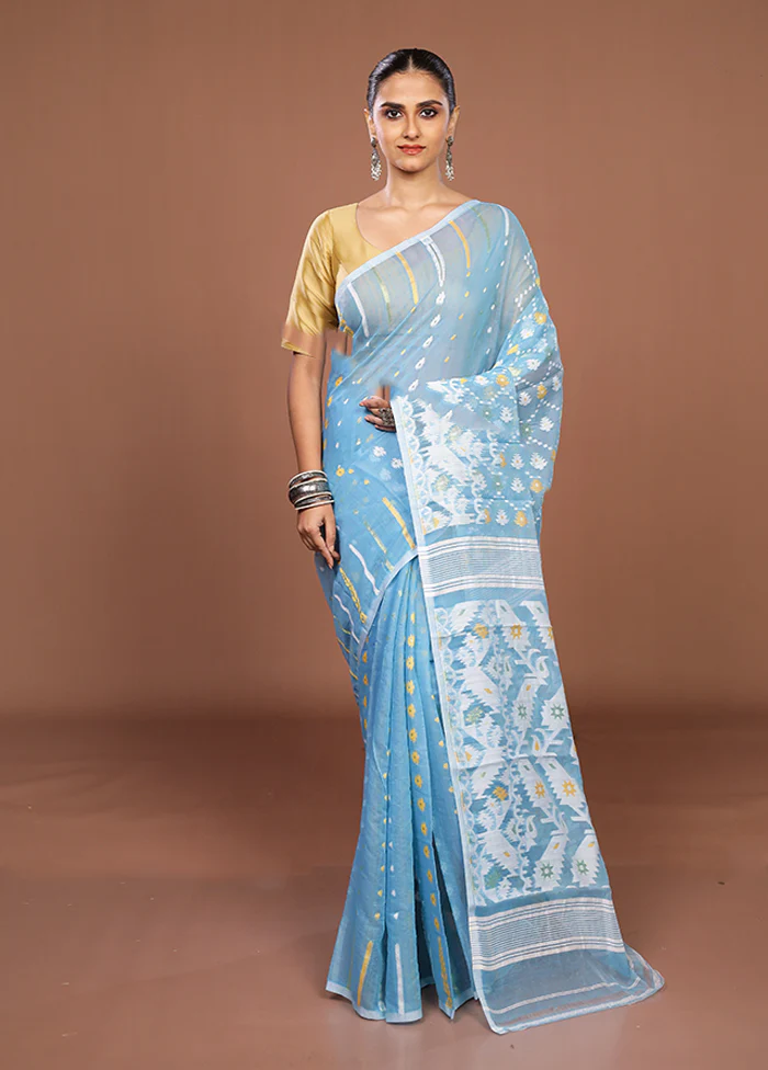 Blue Jamdani Cotton Saree Without Blouse Piece - Image 2