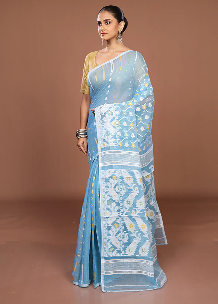 Blue Jamdani Cotton Saree Without Blouse Piece - Image 4