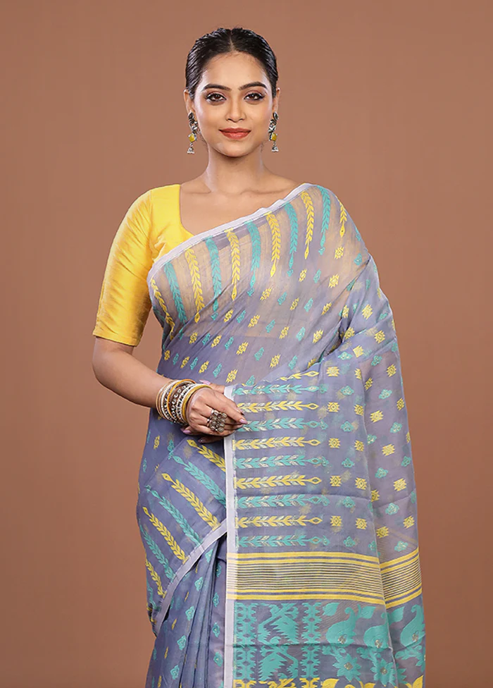 Blue Jamdani Cotton Saree Without Blouse Piece