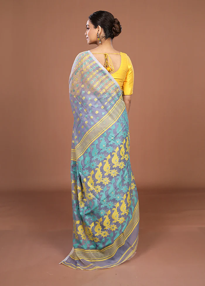 Blue Jamdani Cotton Saree Without Blouse Piece - Image 3