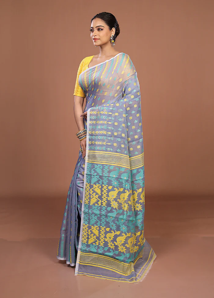 Blue Jamdani Cotton Saree Without Blouse Piece - Image 4