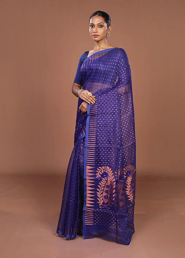 Blue Jamdani Cotton Saree Without Blouse Piece - Image 4