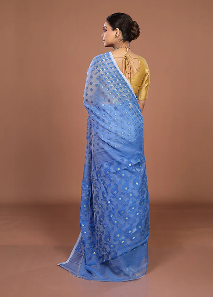 Blue Jamdani Cotton Saree Without Blouse Piece - Image 3