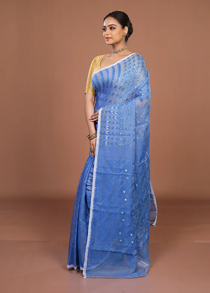 Blue Jamdani Cotton Saree Without Blouse Piece - Image 4