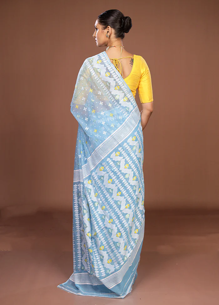 Blue Jamdani Cotton Saree Without Blouse Piece - Image 3