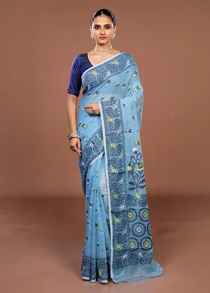 Blue Jamdani Cotton Saree Without Blouse Piece - Image 2