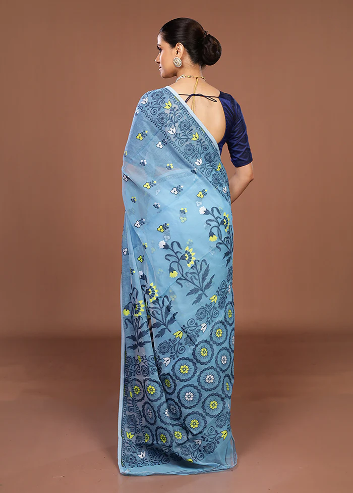 Blue Jamdani Cotton Saree Without Blouse Piece - Image 3