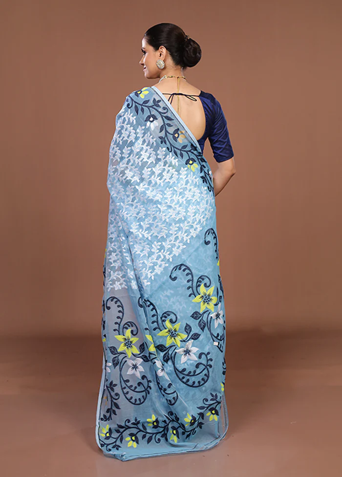 Blue Jamdani Cotton Saree Without Blouse Piece - Image 3