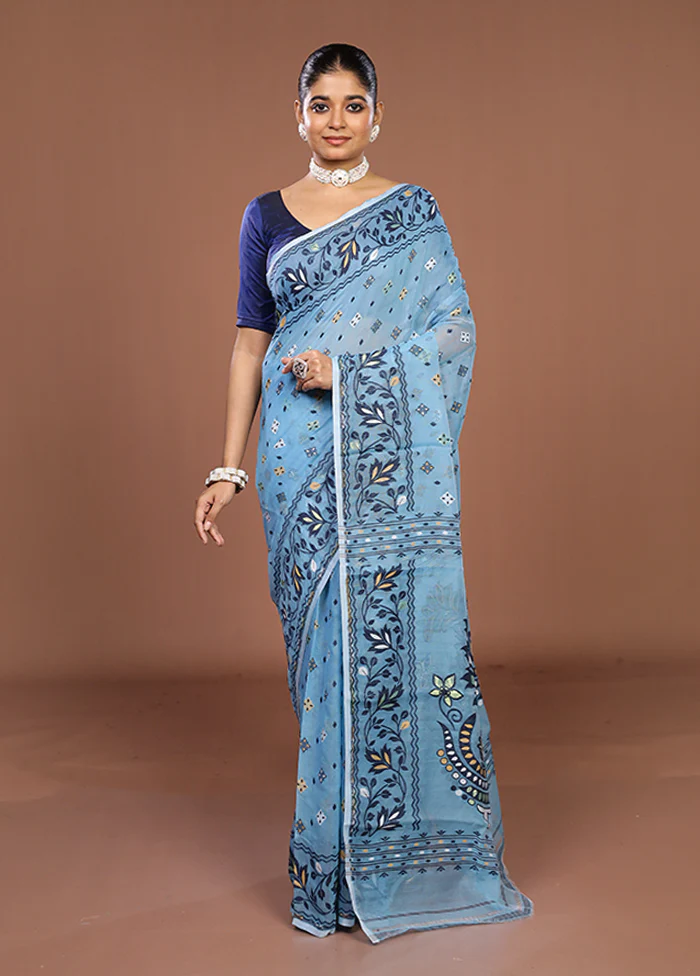 Blue Jamdani Cotton Saree Without Blouse Piece - Image 2