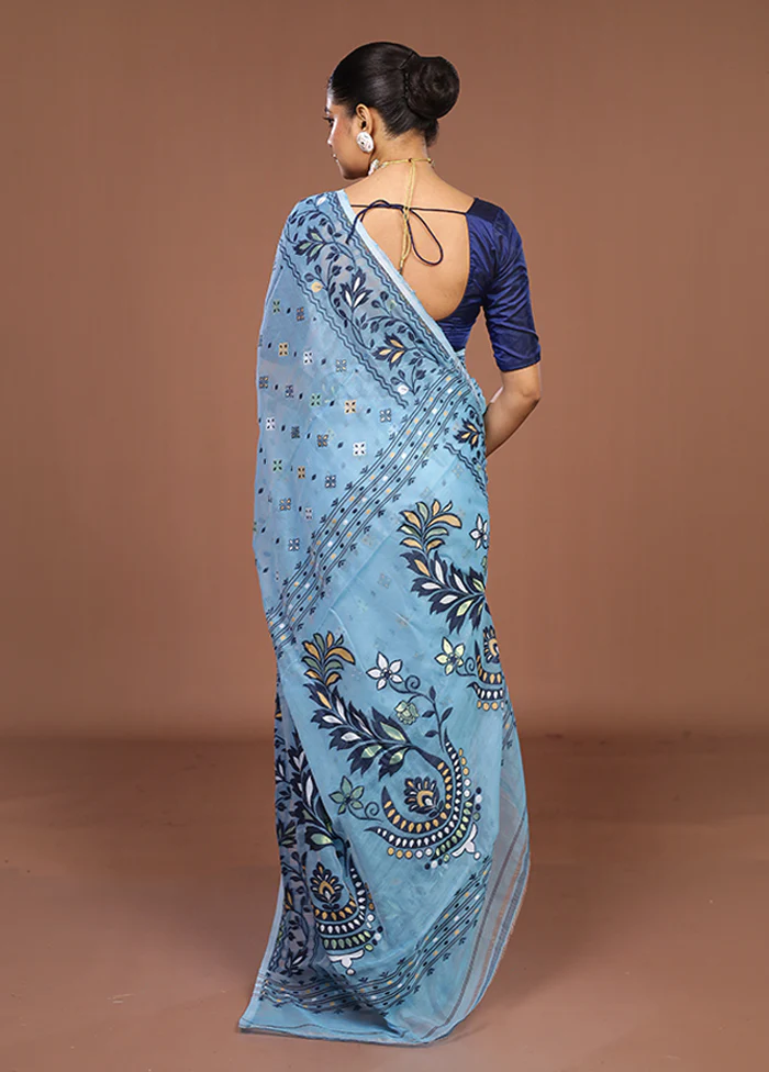 Blue Jamdani Cotton Saree Without Blouse Piece - Image 3
