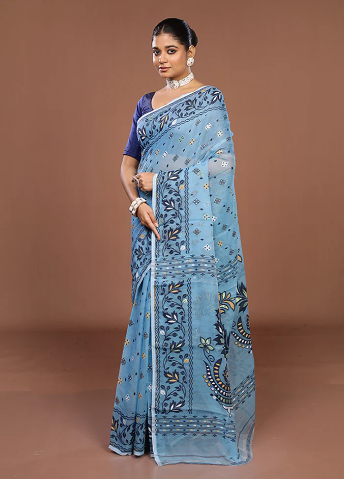 Blue Jamdani Cotton Saree Without Blouse Piece - Image 4