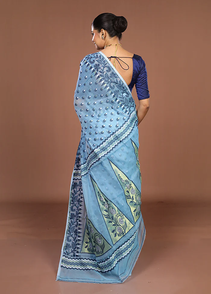 Blue Jamdani Cotton Saree Without Blouse Piece - Image 3