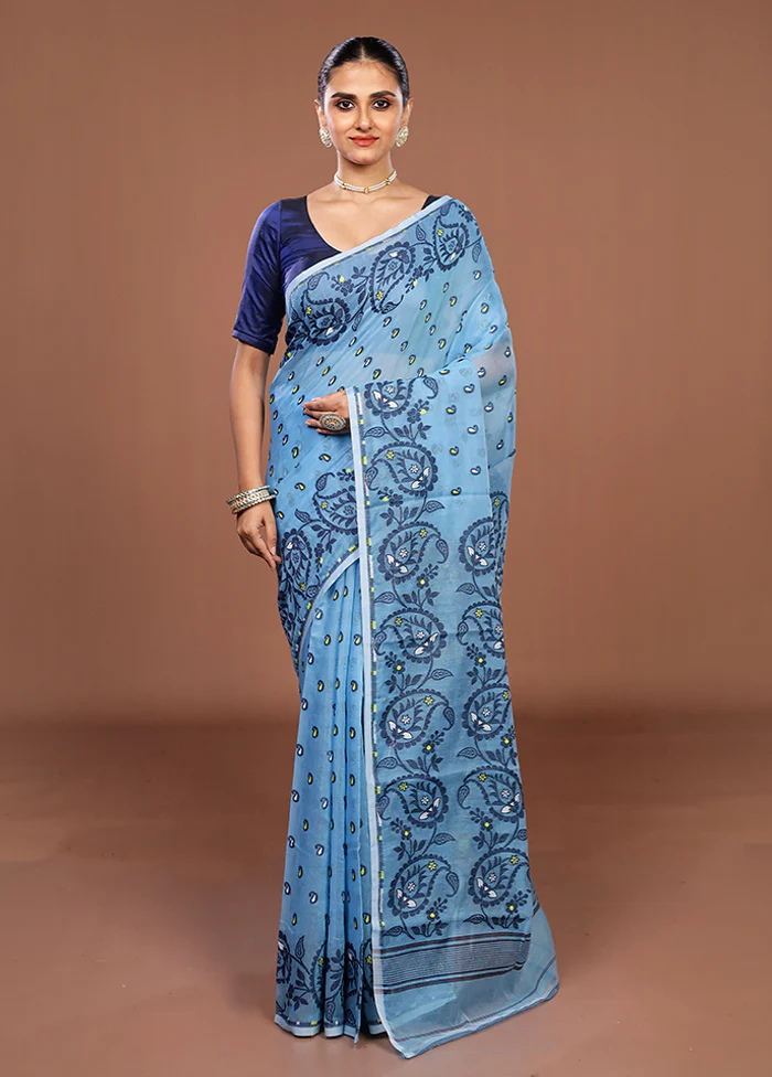 Blue Jamdani Cotton Saree Without Blouse Piece - Image 2