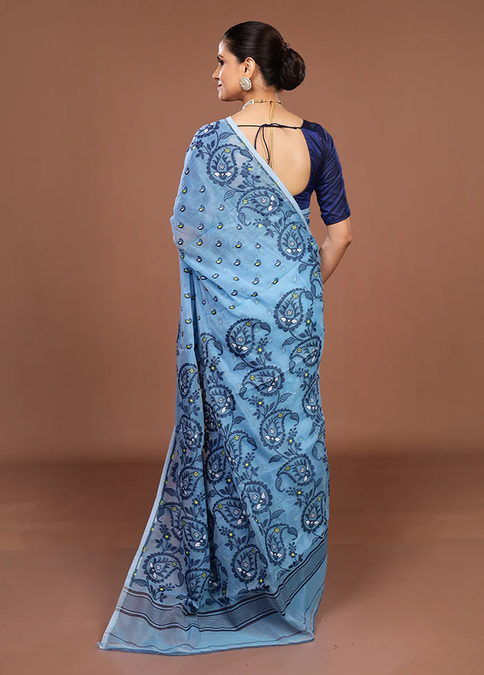 Blue Jamdani Cotton Saree Without Blouse Piece - Image 3