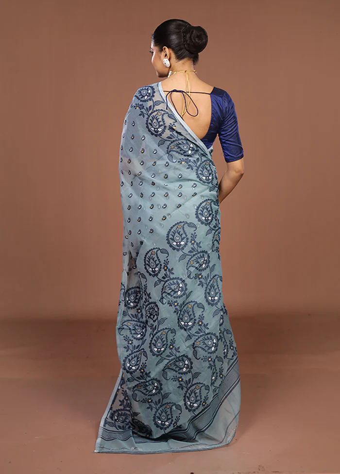 Blue Jamdani Cotton Saree Without Blouse Piece - Image 3