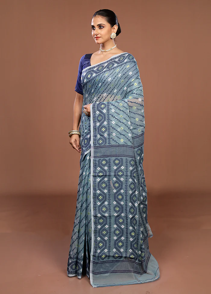 Blue Jamdani Cotton Saree Without Blouse Piece - Image 4