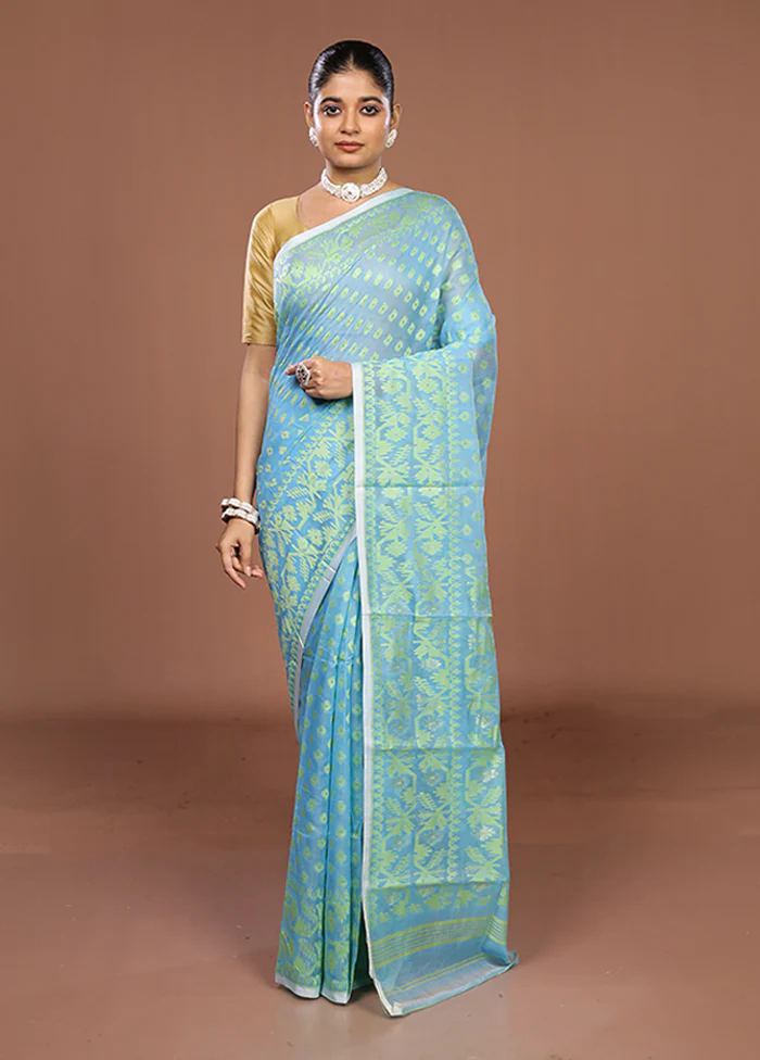 Blue Jamdani Cotton Saree Without Blouse Piece - Image 2