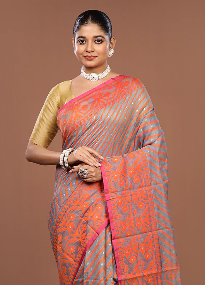 Grey Jamdani Cotton Saree Without Blouse Piece
