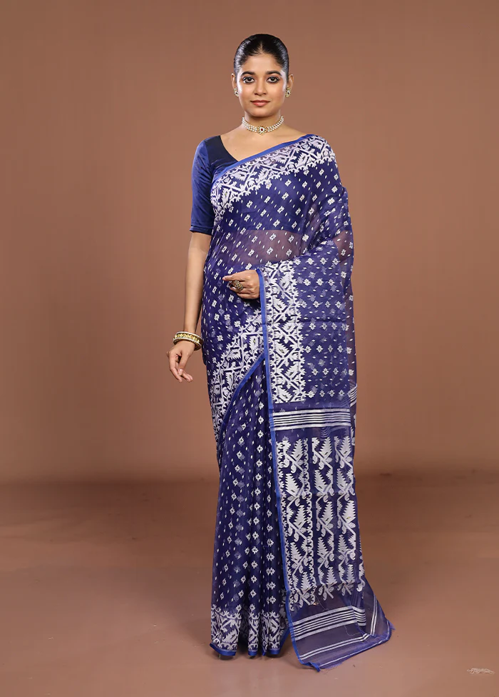 Blue Jamdani Cotton Saree Without Blouse Piece - Image 2