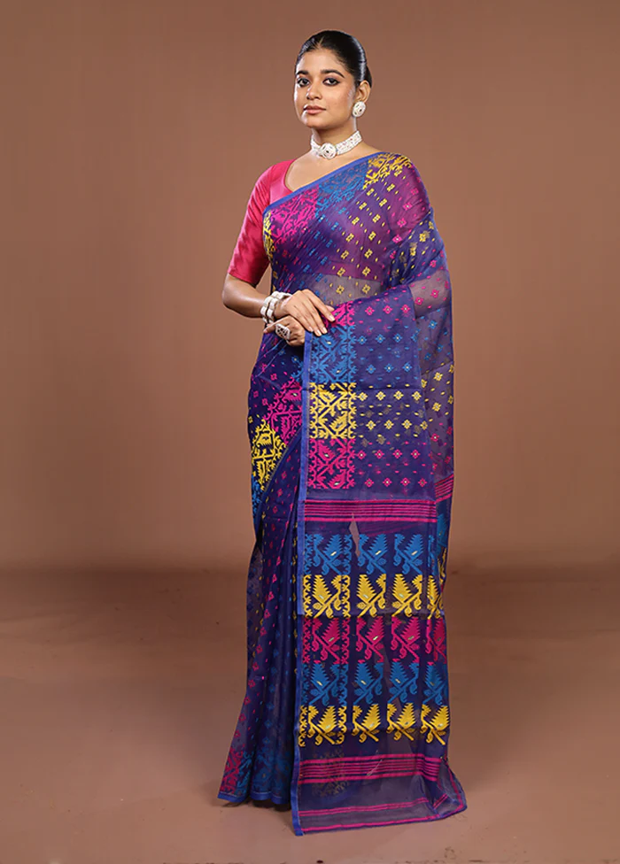 Blue Jamdani Cotton Saree Without Blouse Piece - Image 4