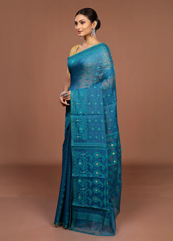 Blue Jamdani Cotton Saree Without Blouse Piece - Image 4