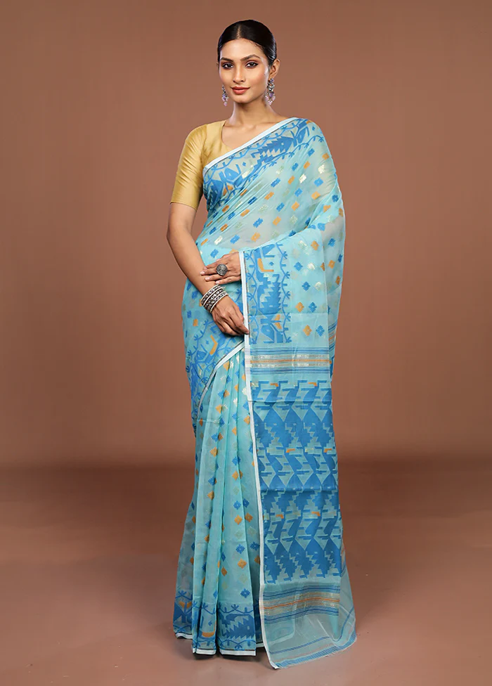 Blue Jamdani Cotton Saree Without Blouse Piece - Image 2