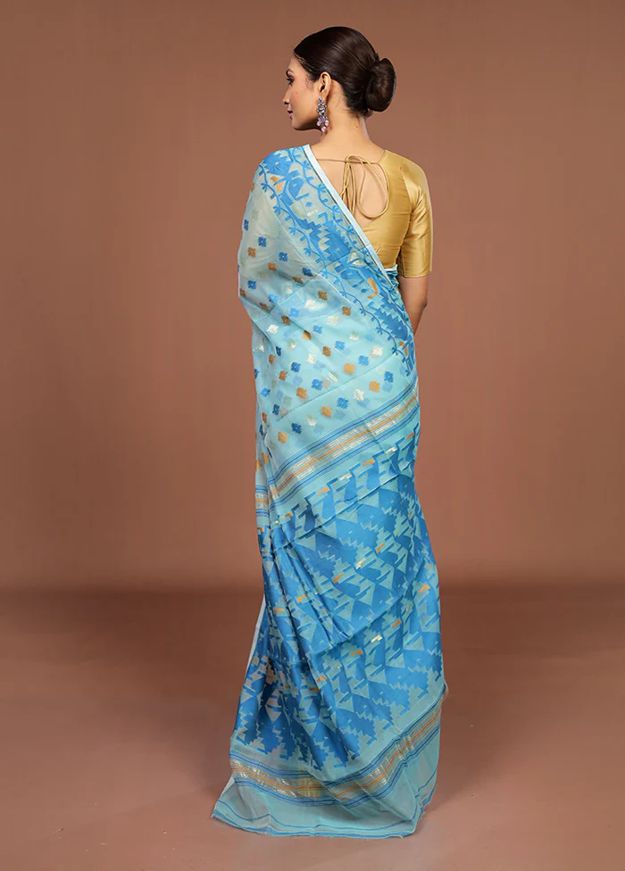 Blue Jamdani Cotton Saree Without Blouse Piece - Image 3
