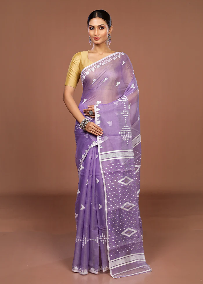 Blue Jamdani Cotton Saree Without Blouse Piece - Image 2