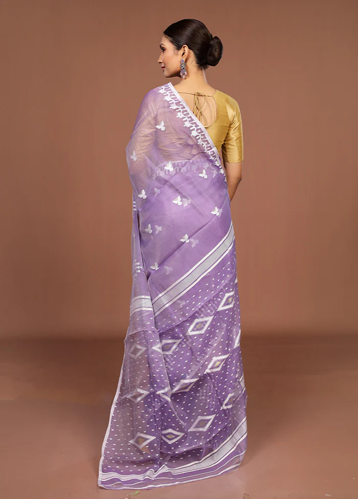 Blue Jamdani Cotton Saree Without Blouse Piece - Image 3