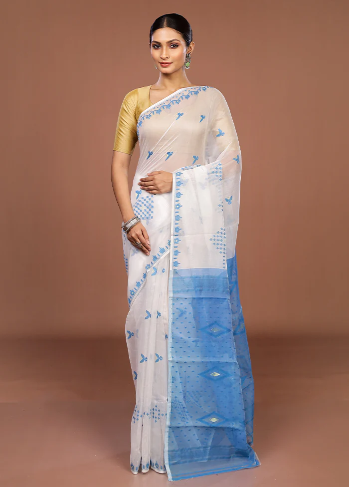 Blue Jamdani Cotton Saree Without Blouse Piece - Image 2