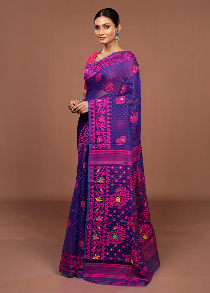 Blue Jamdani Cotton Saree Without Blouse Piece - Image 4